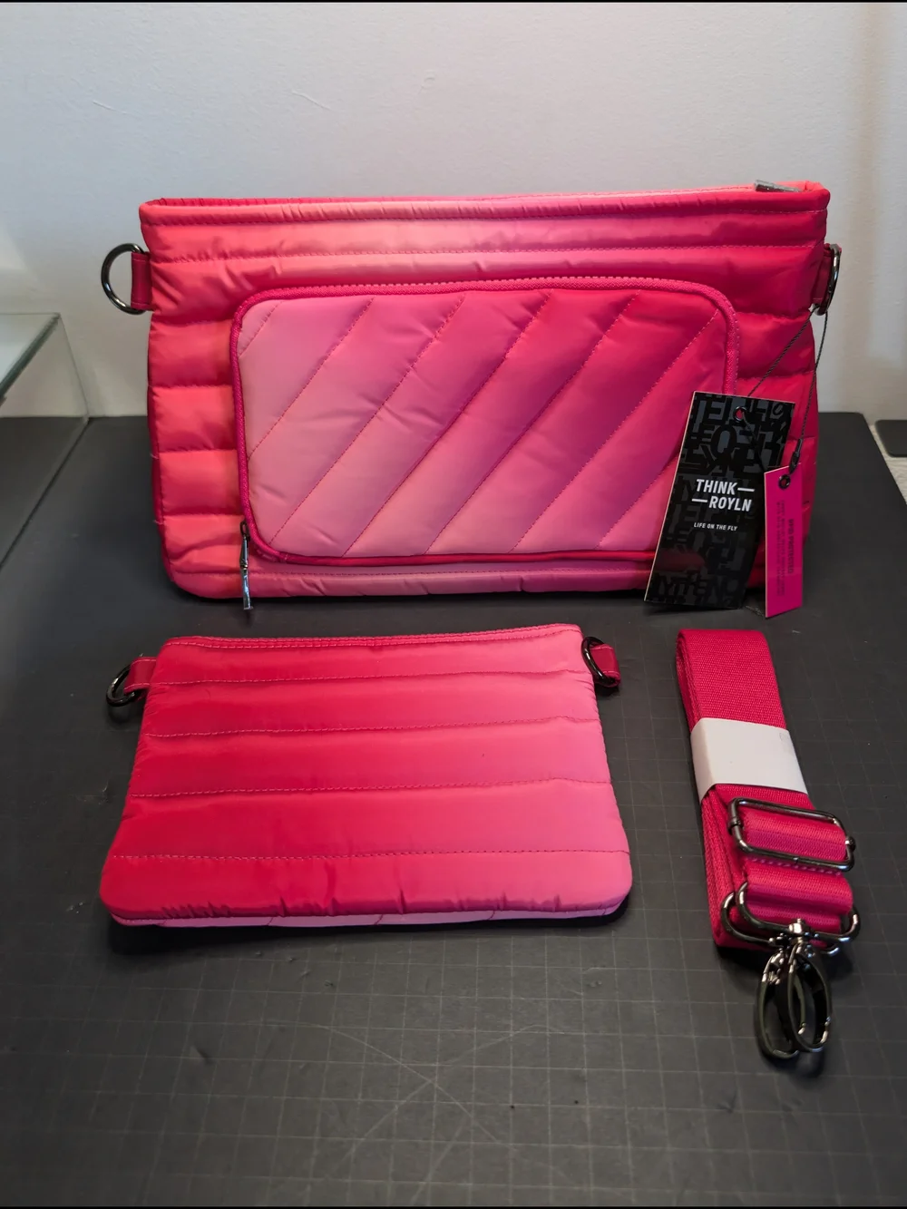 THINK ROYLN Pink Ombre Quilted Crossbody Bag Zip Silver Hardware Strap & Pouch
